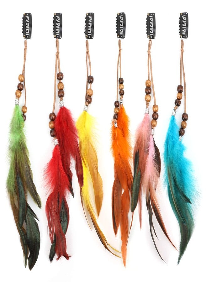 MWOOT 6Pcs Feather Hair Clips, Handmade Boho Hair Extensions with Clip Comb, Bohemian Hippie Hairpin Feather Indian Tassel Hemp Rope Festival Headwear Cosplay Headdress Accessories -Beads Styles - Image 1