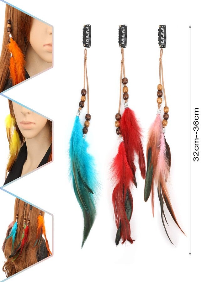 MWOOT 6Pcs Feather Hair Clips, Handmade Boho Hair Extensions with Clip Comb, Bohemian Hippie Hairpin Feather Indian Tassel Hemp Rope Festival Headwear Cosplay Headdress Accessories -Beads Styles - Image 2
