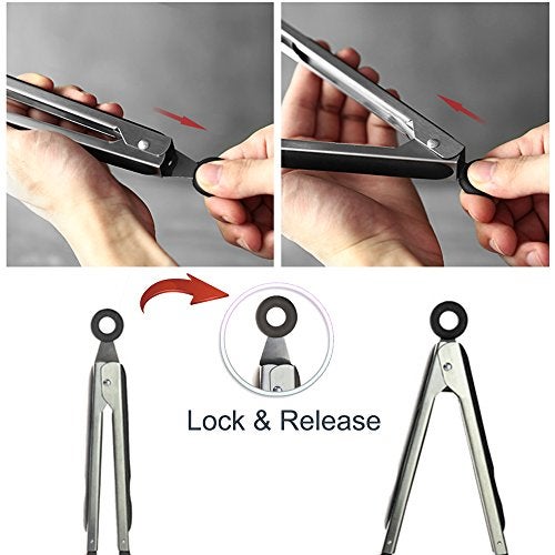 STARUBY Cooking Tongs 9 inches and 12 inches Stainless Steel Kitchen Silicone Serving Tong Heat Resistant Meat Turner Spatula Tongs with Locking Handle Joint - Image 4