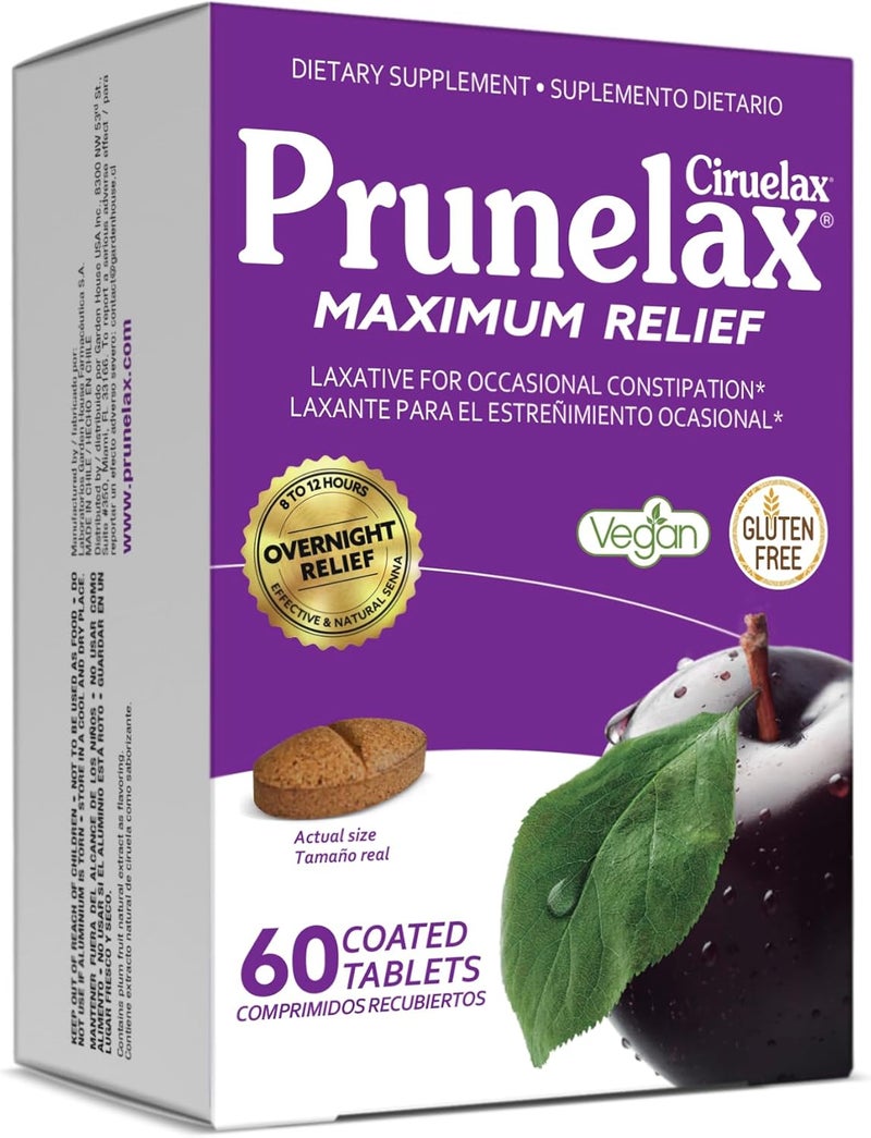 Prunelax Ciruelax Maximum Relief Laxative Tablets with Natural Senna for Occasional Constipation, Senna Extract, Vegan & Gluten-Free, Gentle Overnight Relief - 60ct