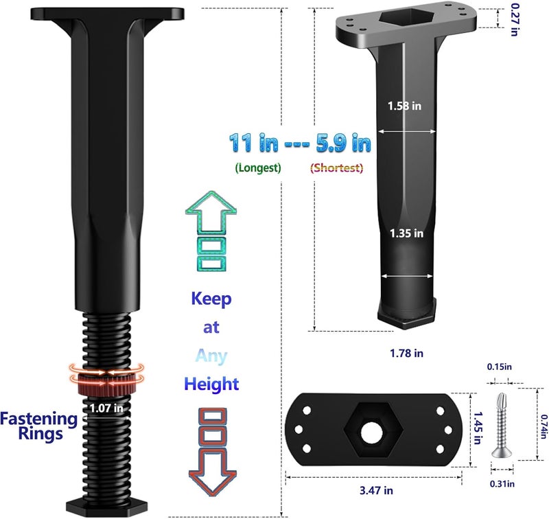 FafdBinm 4PC Bed Frame Support Legs Stabilizer Replacement Universal Slat Reinforcement 5.9-11 inch Black - Image 5