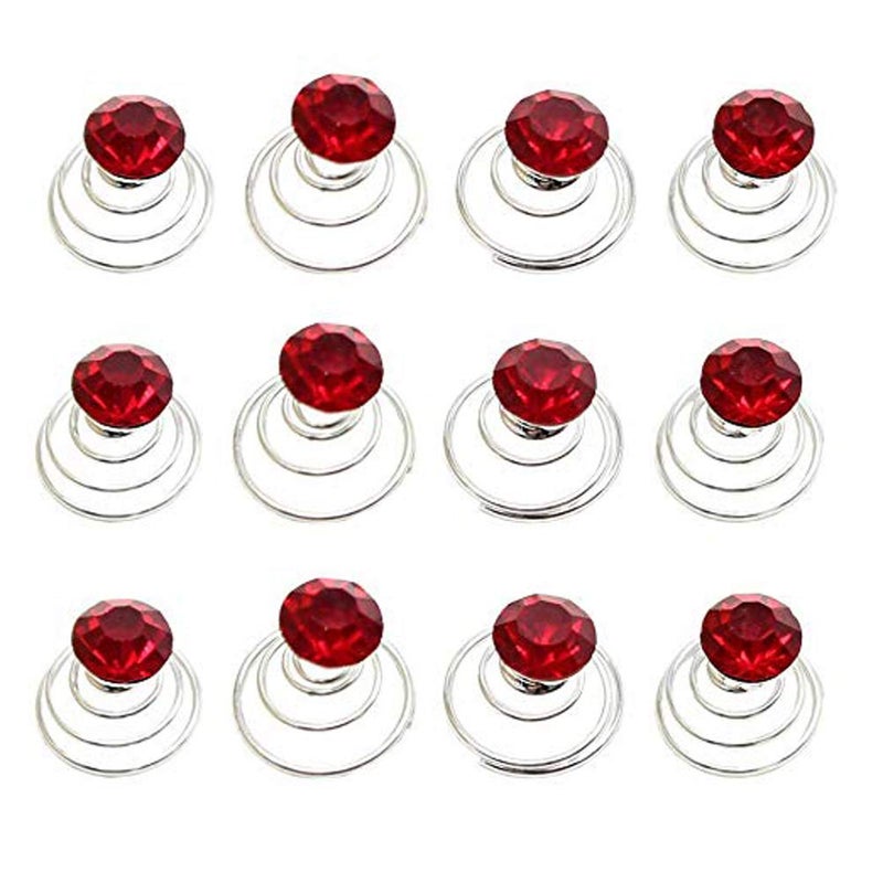 canjoyn 24 Pcs Bridal Gem Spin Hair Pins Swirl Hair Twists Coils Wedding Spiral Twist Hairpins Shiny Rhinestone Crystal Twisters Metal Spiral Updo Prom Red