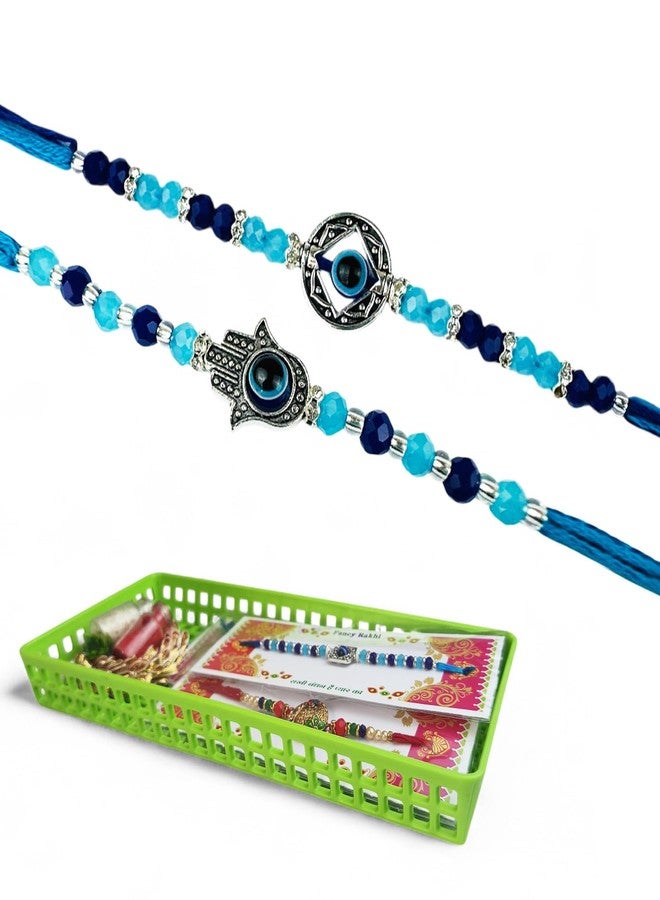 Go Hooked Set of 2 Designer Rakhi for Bhaiya and Bhabhi with Roli Chawal Vials Greeting Card and Storage Tray | Raksha Bandhan Gift Combo Set | Beautiful Pearl Beads Aesthetic Rakhi for Brother (GH02) - Image 1