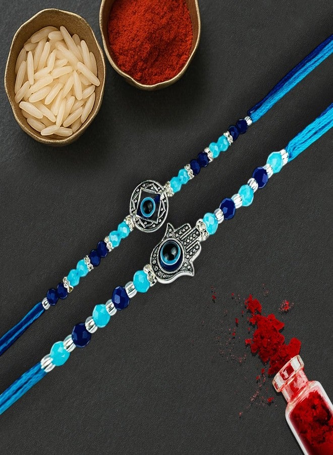 Go Hooked Set of 2 Designer Rakhi for Bhaiya and Bhabhi with Roli Chawal Vials Greeting Card and Storage Tray | Raksha Bandhan Gift Combo Set | Beautiful Pearl Beads Aesthetic Rakhi for Brother (GH02) - Image 2