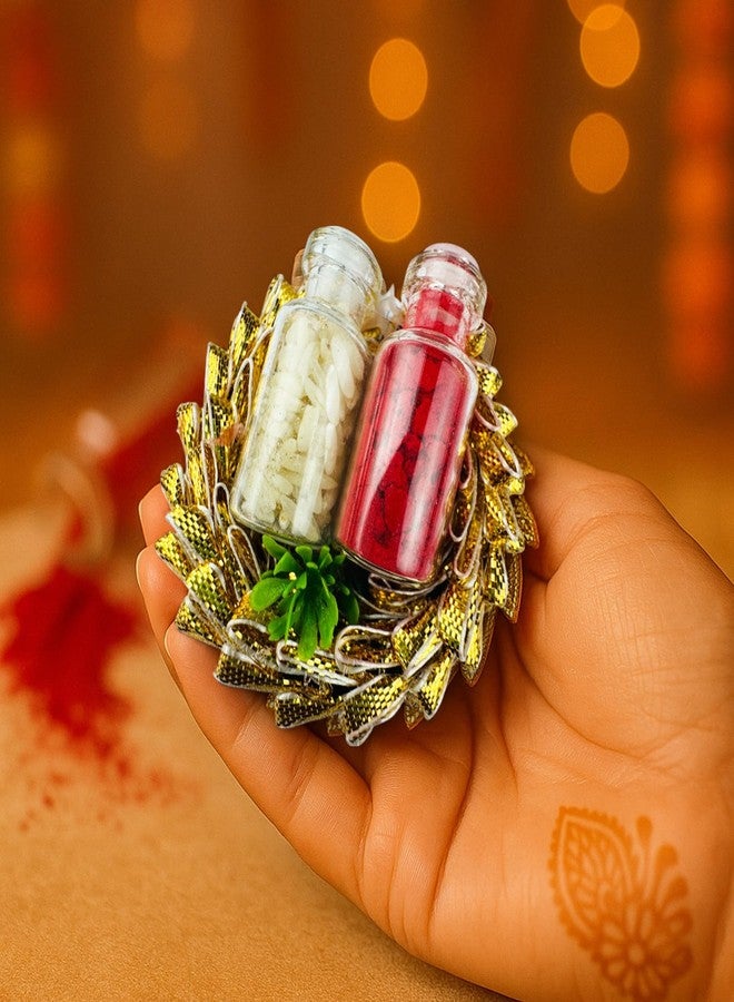 Go Hooked Set of 2 Designer Rakhi for Bhaiya and Bhabhi with Roli Chawal Vials Greeting Card and Storage Tray | Raksha Bandhan Gift Combo Set | Beautiful Pearl Beads Aesthetic Rakhi for Brother (GH02) - Image 5