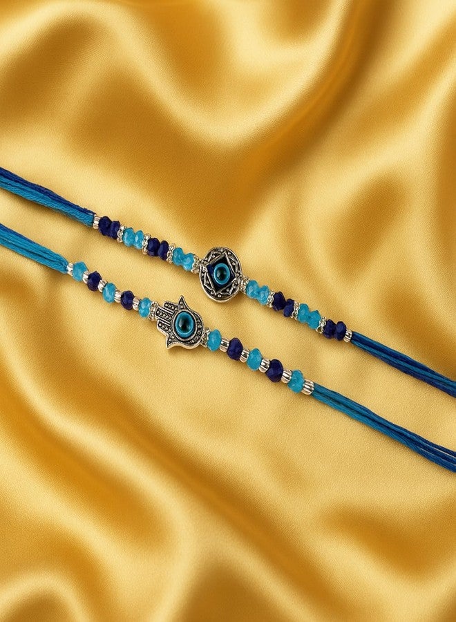 Go Hooked Set of 2 Designer Rakhi for Bhaiya and Bhabhi with Roli Chawal Vials Greeting Card and Storage Tray | Raksha Bandhan Gift Combo Set | Beautiful Pearl Beads Aesthetic Rakhi for Brother (GH02) - Image 3