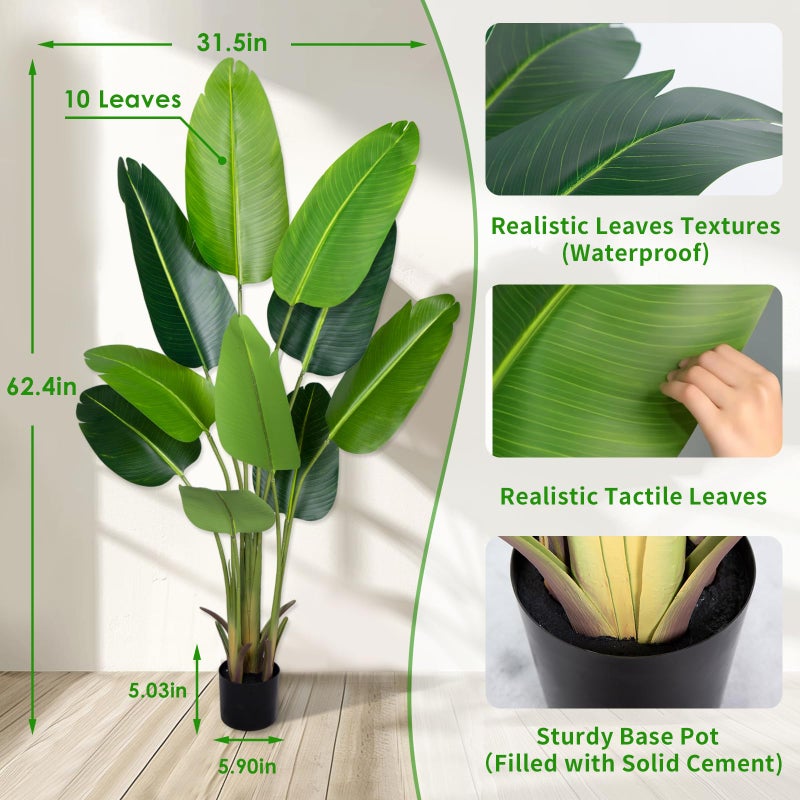 CETRD Artificial Bird of Paradise Plant 5.2Ft Fake Tropical Palm Tree with 10Trunks Faux Banana Leaf Trees in Pot for Home Indoor Outdoor Office Modern Decor Housewarming Giftï¼ˆ1Pcsï¼‰ - Image 2