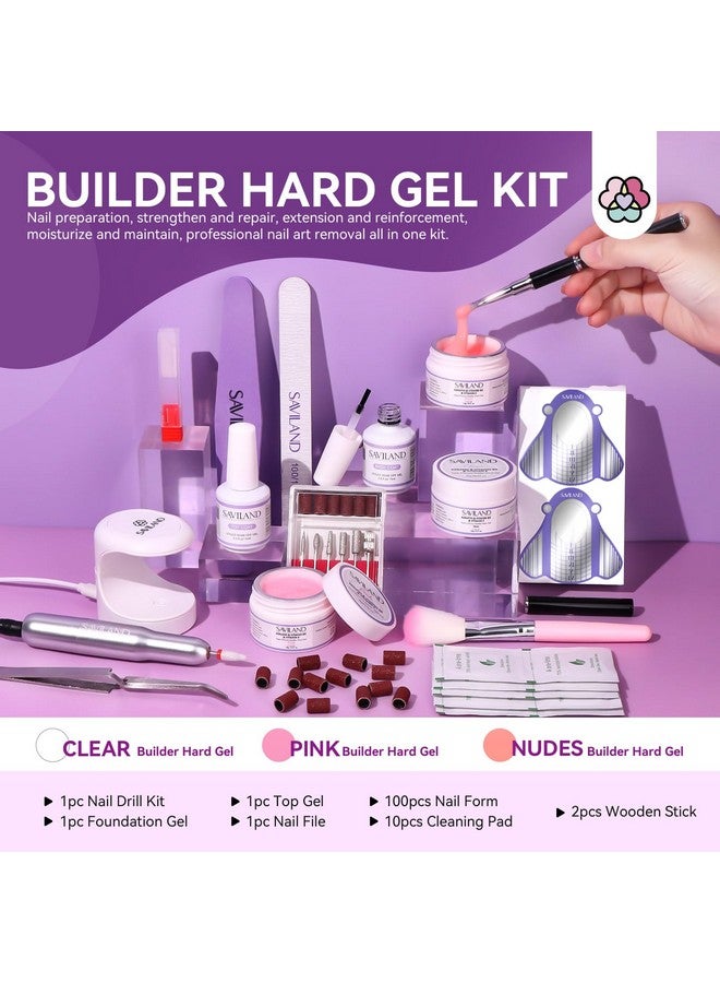 SAVILAND Builder Nail Gel Set with Nail Drill - 3 Pcs Hard Gel(VE&VB5&Kerain) Clear Pink Nudes Builder Nail Gel with Lamp Nail Brush Nail Strengthener Gel for Nail Extension Shaping DIY at Home Salon - Image 2