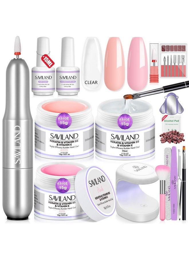 SAVILAND Builder Nail Gel Set with Nail Drill - 3 Pcs Hard Gel(VE&VB5&Kerain) Clear Pink Nudes Builder Nail Gel with Lamp Nail Brush Nail Strengthener Gel for Nail Extension Shaping DIY at Home Salon - Image 1