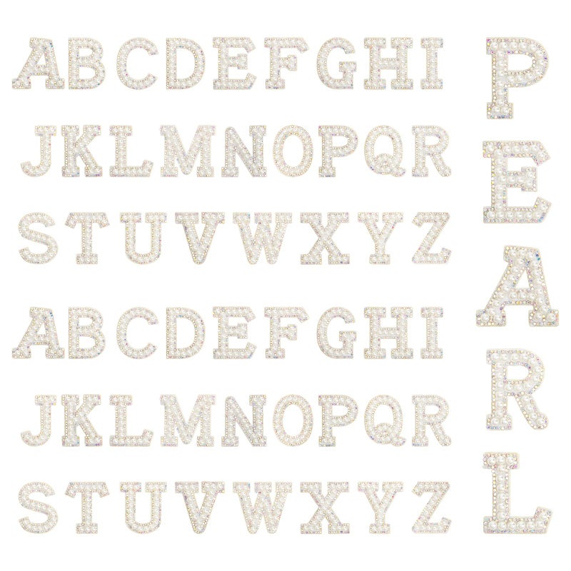 52 Pcs Pearl Iron On Letters AngleKai White Pearl Rhinestone Letters Patches AZ English Pearl Iron on Letter Patches Alphabet Glitter Applique Pearl Letter Patch for Craft DIY Hats ClothingWhite
