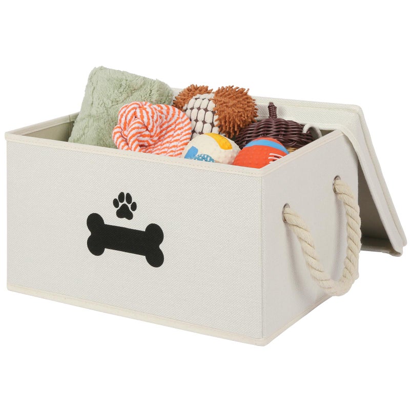 GreenPetopia Dog Toy Basket with Lid, Dog Basket for Toys, Dogs Toy Box with Cotton Rope Handles, Collapsible Storage Bins for Pet Toys, Dogs Storage Organizer, Beige - Image 1