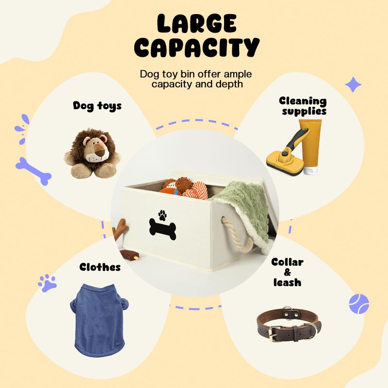 GreenPetopia Dog Toy Basket with Lid, Dog Basket for Toys, Dogs Toy Box with Cotton Rope Handles, Collapsible Storage Bins for Pet Toys, Dogs Storage Organizer, Beige - Image 2