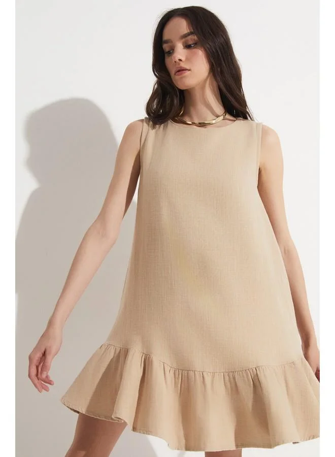 JUNE June Flounce Detailed 100% Linen Sleeveless Dress