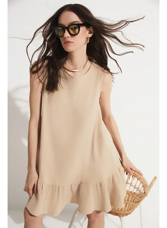JUNE June Flounce Detailed 100% Linen Sleeveless Dress
