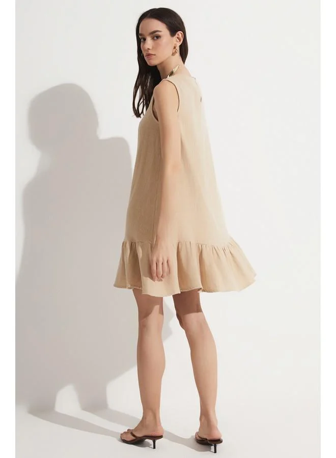 JUNE June Flounce Detailed 100% Linen Sleeveless Dress