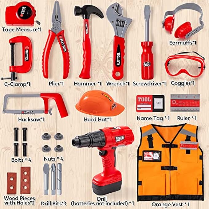24 PCS CONSTRUCTION TOOL ACCESSORIES PLAYSET - PRETEND PLAY TOY KIT INCLUDING WORKER COSTUME AND ELECTRIC DRILL TOY IN STORAGE BOX - Image 3