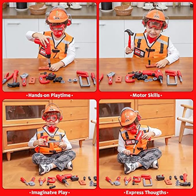 24 PCS CONSTRUCTION TOOL ACCESSORIES PLAYSET - PRETEND PLAY TOY KIT INCLUDING WORKER COSTUME AND ELECTRIC DRILL TOY IN STORAGE BOX - Image 4