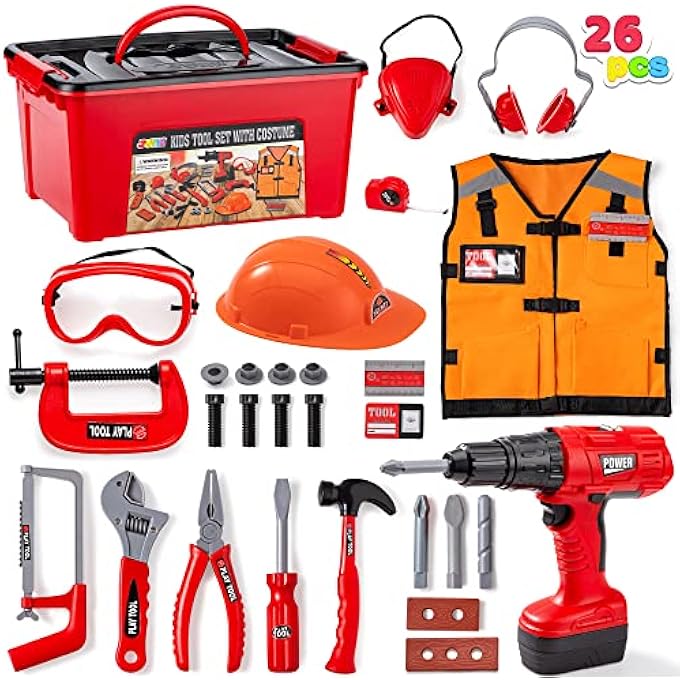 24 PCS CONSTRUCTION TOOL ACCESSORIES PLAYSET - PRETEND PLAY TOY KIT INCLUDING WORKER COSTUME AND ELECTRIC DRILL TOY IN STORAGE BOX - Image 1