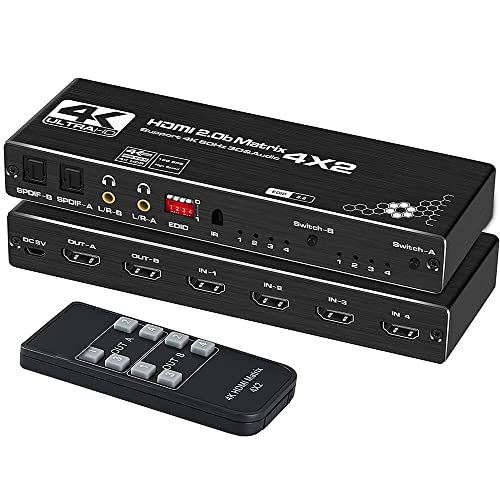 Etzin HDMI Matrix 4x2, 4K@60Hz HDMI Matrix Switch 4 in 2 Out with EDID Extractor and IR Remote Control, Support HDMI 2.0b, HDCP2.2, HDR10, Ultra HD, 3D EPL-874H-1 - Image 1