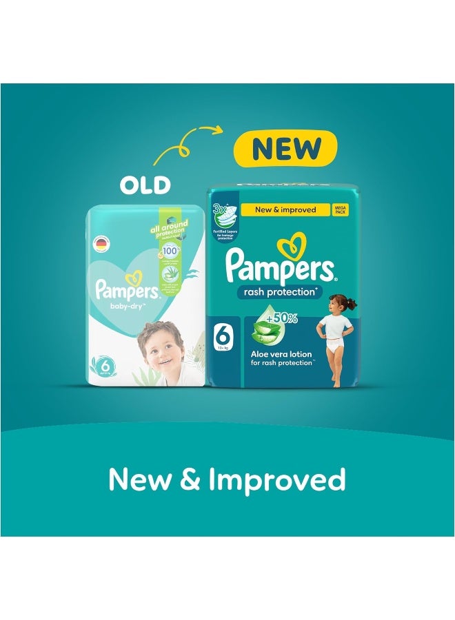 بامبرز Pampers Rash Protection Taped Diapers, Size 6, 13+kg, +50% Aloe Vera Lotion for Rash Protection, 3x Fortified Layers for Leakage Protection, Giga Box, 180 Count - Image 1