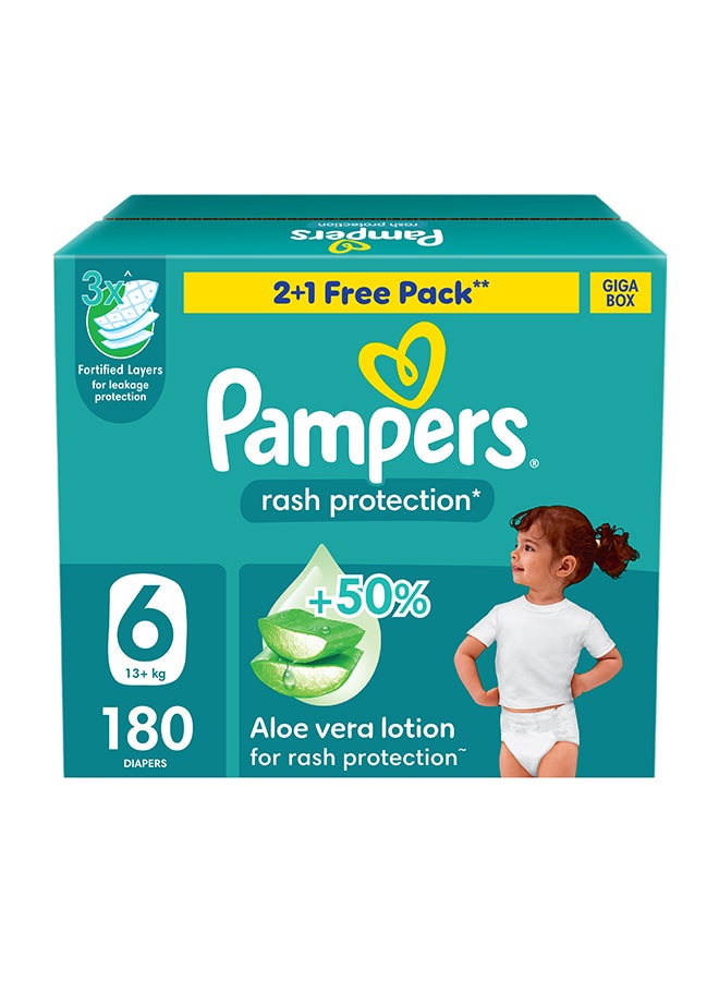 Pampers Rash Protection Taped Diapers, Size 6, 13+kg, +50% Aloe Vera Lotion for Rash Protection, 3x Fortified Layers for Leakage Protection, Giga Box, 180 Count - Image 1