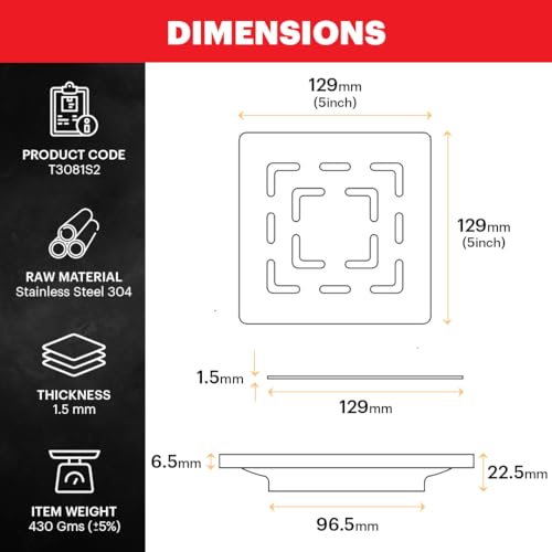 Johnson Bathrooms Johnson Curl 6x6 inches Square Floor Drain | SS304 Grade Floor Trap Jali/Drain Cover| Anti-Rust, Matt/Satin Finish | 2 Year Warranty(T3081S2 - Stainless Steel) - Image 2