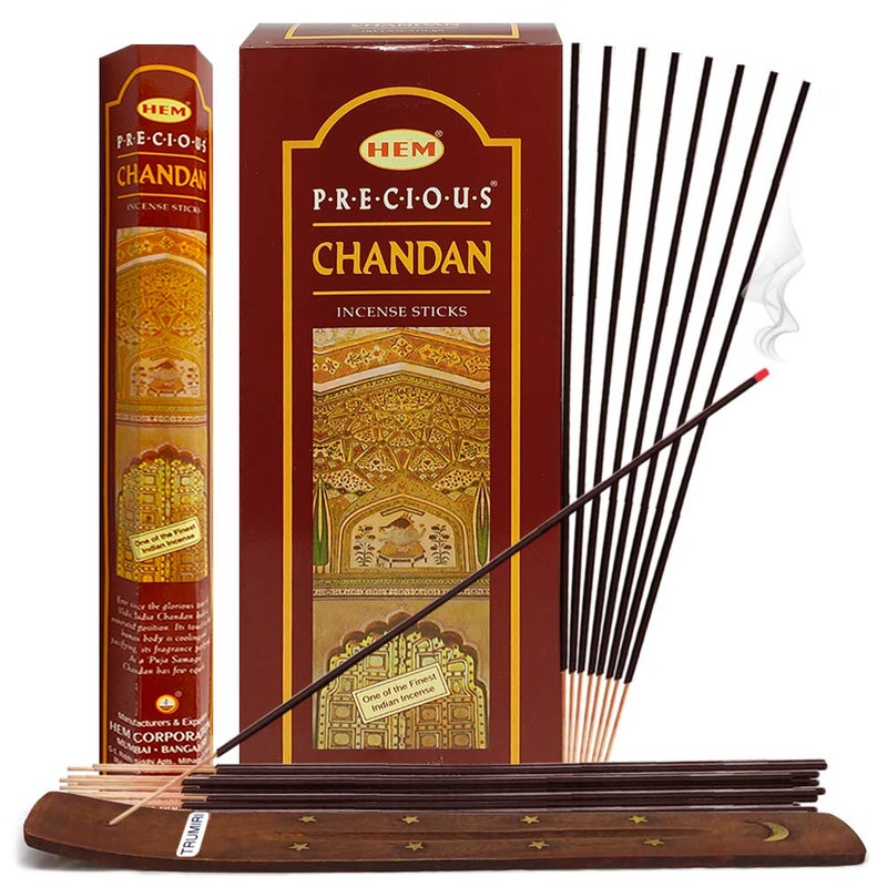 TRUMIRI Precious Chandan Indian Sandalwood Incense Sticks and Incense Stick Holder Bundle Insence Insense Hem Incense Sticks 