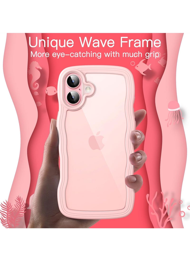 Wave case for iPhone 16 6.1 inch, cute wave frame curled shape shockproof phone case for women and girls, clear hard computer back