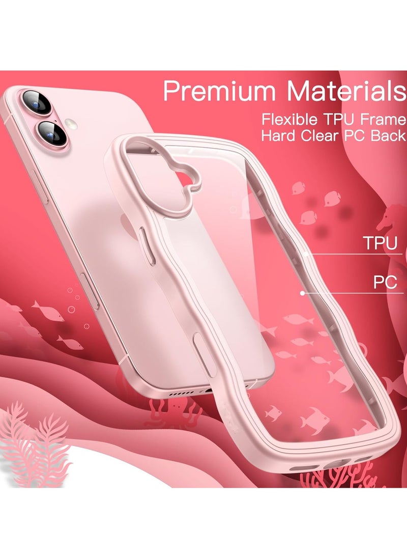 Wave case for iPhone 16 6.1 inch, cute wave frame curled shape shockproof phone case for women and girls, clear hard computer back