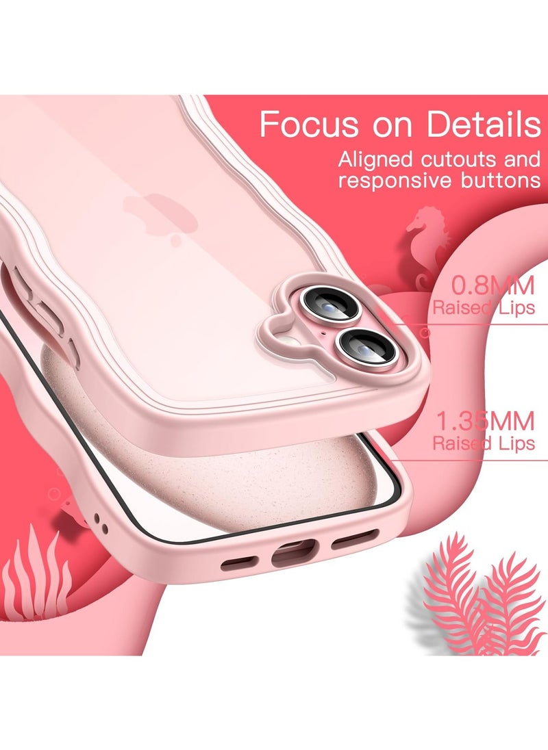Wave case for iPhone 16 6.1 inch, cute wave frame curled shape shockproof phone case for women and girls, clear hard computer back