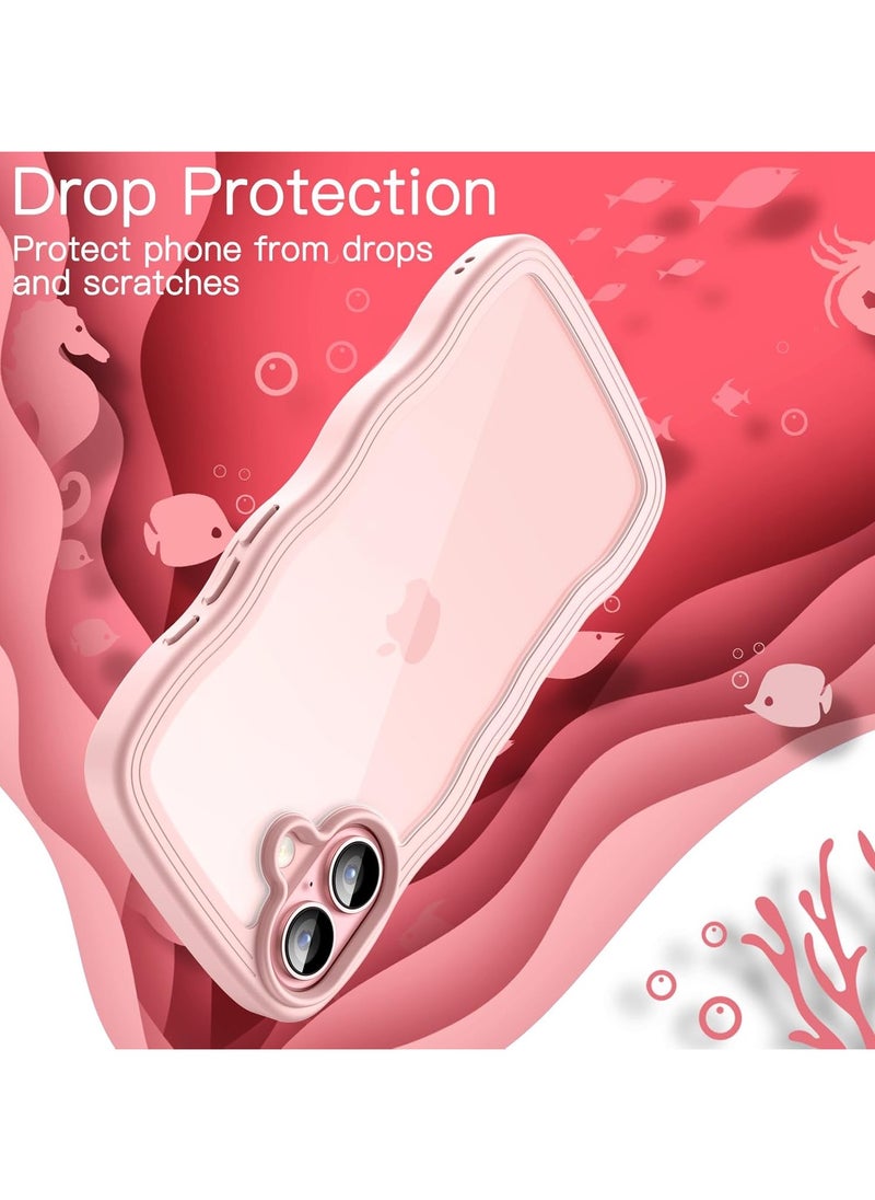 Wave case for iPhone 16 6.1 inch, cute wave frame curled shape shockproof phone case for women and girls, clear hard computer back