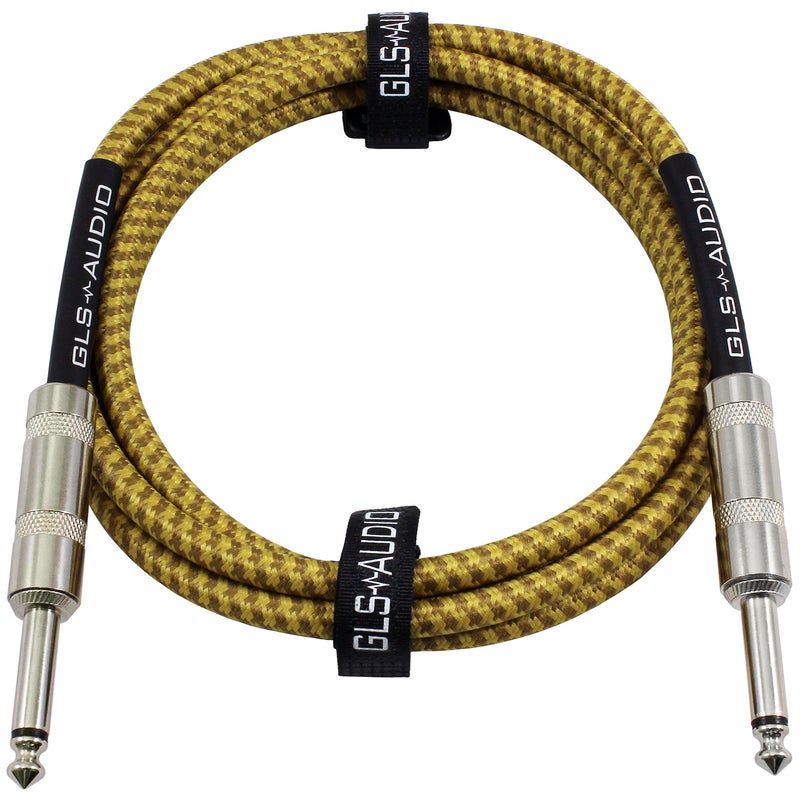 GLS Audio Instrument Cable - 1/4 Inch TS to 1/4 Inch Instrument Cable for Bass/Electric Guitar- Brown/Yellow Braided Tweed, 15ft - Image 1