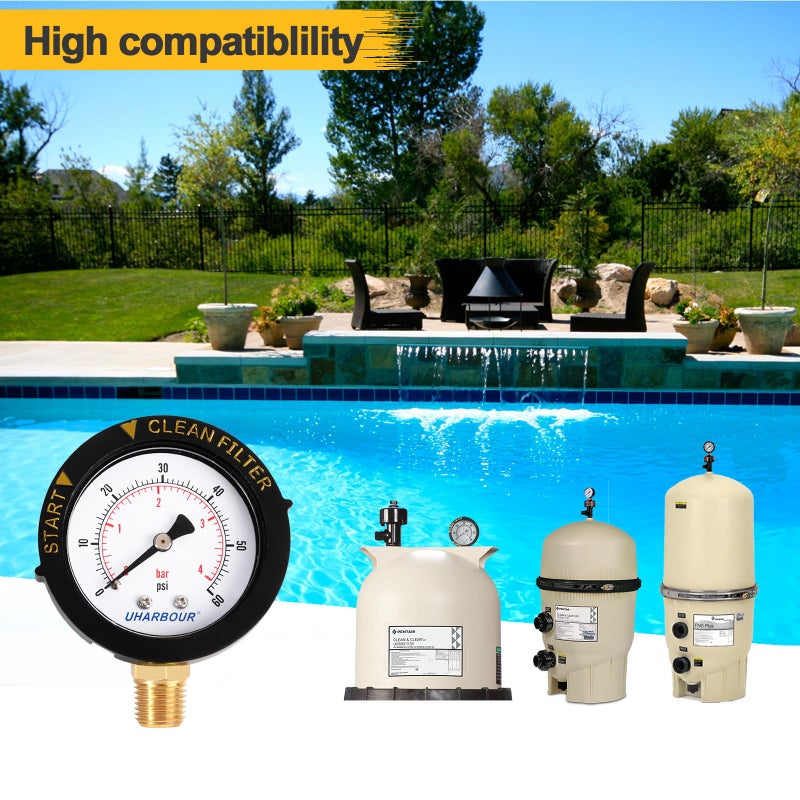 UHARBOUR Pool Fliter Pressure Gauge 60psi 1/4"NPT Bottom Mount, Pool Pressure Gauge, Pool Pump Pressure Gauge Replacement for Swimming Pool, Spa and Aquarium Valve Filter - Image 2