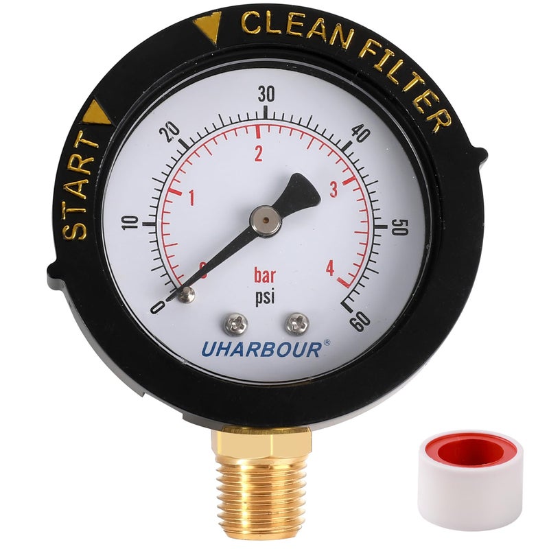 UHARBOUR Pool Fliter Pressure Gauge 60psi 1/4"NPT Bottom Mount, Pool Pressure Gauge, Pool Pump Pressure Gauge Replacement for Swimming Pool, Spa and Aquarium Valve Filter - Image 1
