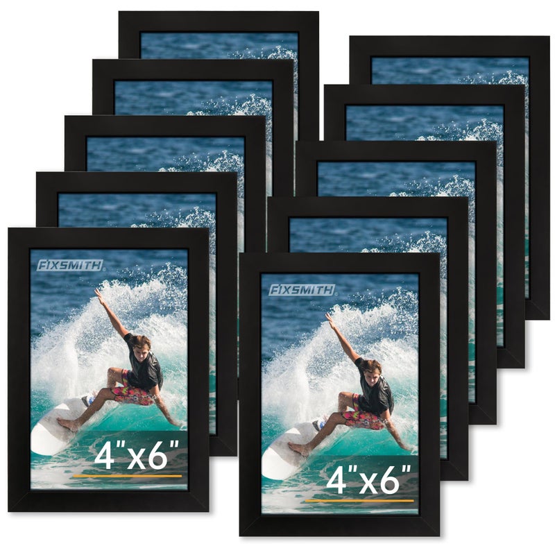 FIXSMITH 4x6 Picture Frame Set of 10 4x6 Photo Frames Bulk with HD Plexiglass for Wall Hanging or Tabletop Display Black