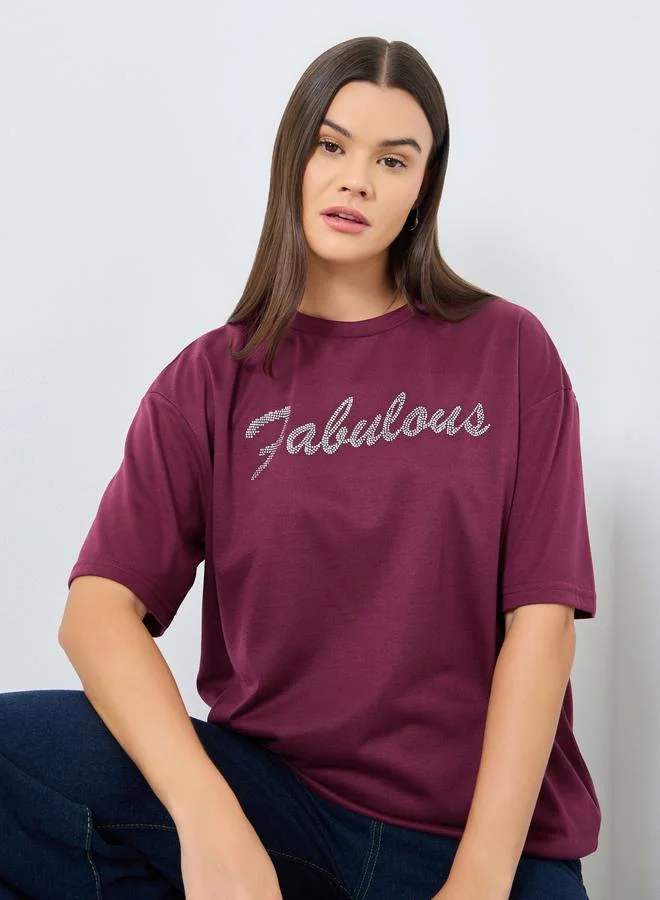 Styli Styli Burgundy Oversized Embellished T-Shirt