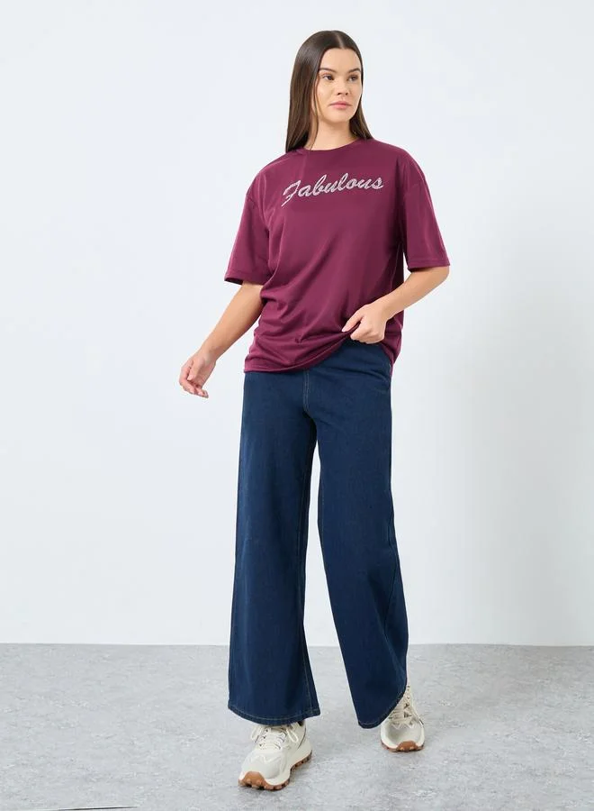 Styli Styli Burgundy Oversized Embellished T-Shirt