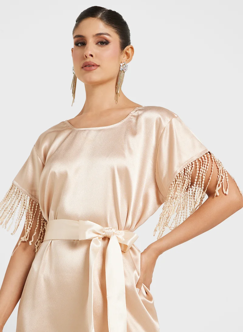 hayas closet Fringed Satin Maxi Dress
