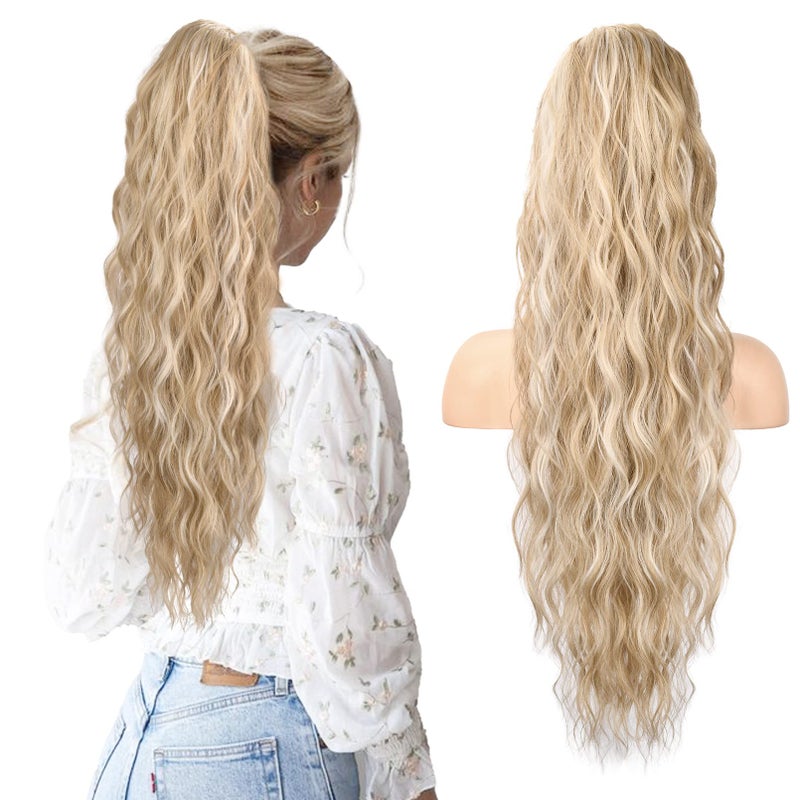 HOOJIH Ponytail Extension Drawstring Ponytail Hair Extensions 26 Inch Long Curly Wavy Ponytail Natural Wavy Synthetic Hairpiece for Women Daily Use  Light Golden Blonde with White Blonde