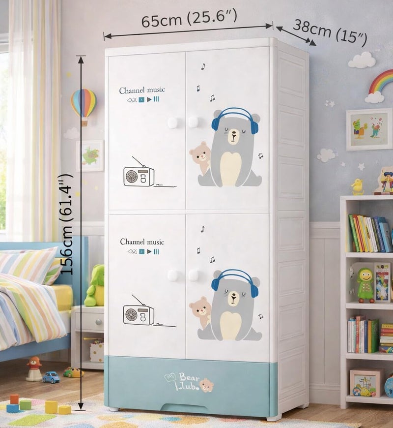 SNKR ESSENTIALS Kids Plastic Wardrobe with Drawers | Baby Cupboard for Clothes Storage | Cartoon Bear Design Children Almirah | Multi-Layer Kids Storage Cabinet for Bedroom & Nursery - Image 2
