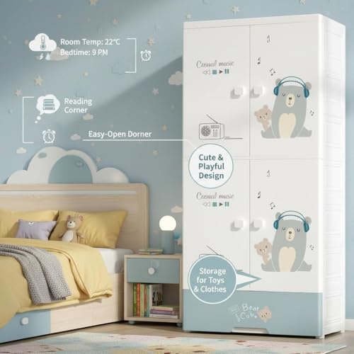 SNKR ESSENTIALS Kids Plastic Wardrobe with Drawers | Baby Cupboard for Clothes Storage | Cartoon Bear Design Children Almirah | Multi-Layer Kids Storage Cabinet for Bedroom & Nursery - Image 3