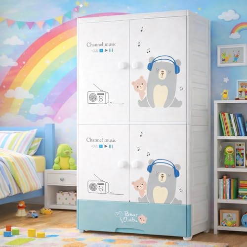 SNKR ESSENTIALS Kids Plastic Wardrobe with Drawers | Baby Cupboard for Clothes Storage | Cartoon Bear Design Children Almirah | Multi-Layer Kids Storage Cabinet for Bedroom & Nursery - Image 1
