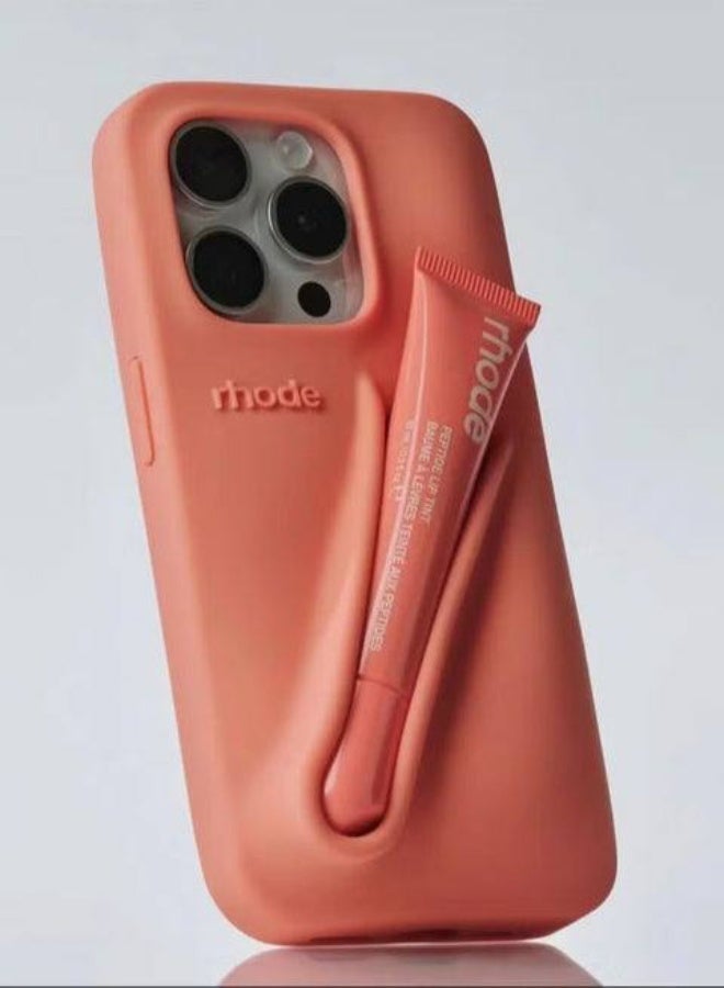 Lip Gloss Phone Case with Lip Tint, For iPhone Case Liquid Silicone Camera Protection Lipstick Lip Glaze Phone Case for iPhone 14 Pro (Orange)