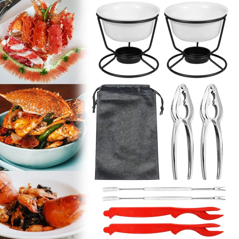 Crab Leg Cracker Tool Butter Warmers for Seafood Crab Leg Crackers Crab Lobster Butter Ceramic Warmers Set for Seafood Crab Crackers and Tools 9PCS