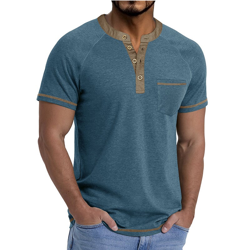 2026 Summer Cross-Border Men''s Short-Sleeved Henley Shirt Retro Color Matching T-Shirt Export and Men''s Tops - Image 2