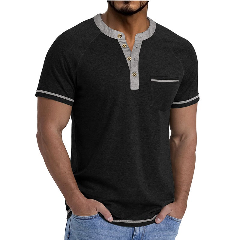 2026 Summer Cross-Border Men''s Short-Sleeved Henley Shirt Retro Color Matching T-Shirt Export and Men''s Tops - Image 1