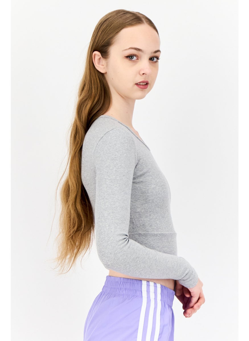 adidas Originals Women Sportswear Fit Long Sleeves Training Crop Top, Grey  - Image 4