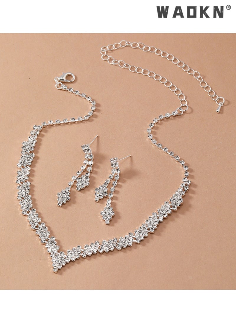 WAOKN 2 Piece Jewelry Set of Necklace and Earrings Shiny V Shaped Diamond Chic Rhinestone Decor Jewellery Set for Women Ladies Gift for Girlfriend Wife Mother Bridesmaids Wedding Party Accessories - Image 1