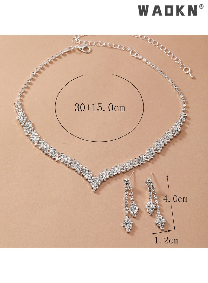 WAOKN 2 Piece Jewelry Set of Necklace and Earrings Shiny V Shaped Diamond Chic Rhinestone Decor Jewellery Set for Women Ladies Gift for Girlfriend Wife Mother Bridesmaids Wedding Party Accessories - Image 2