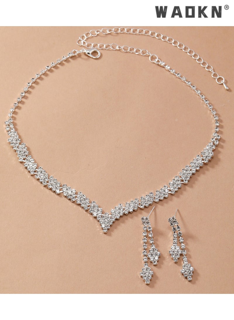 WAOKN 2 Piece Jewelry Set of Necklace and Earrings Shiny V Shaped Diamond Chic Rhinestone Decor Jewellery Set for Women Ladies Gift for Girlfriend Wife Mother Bridesmaids Wedding Party Accessories - Image 4